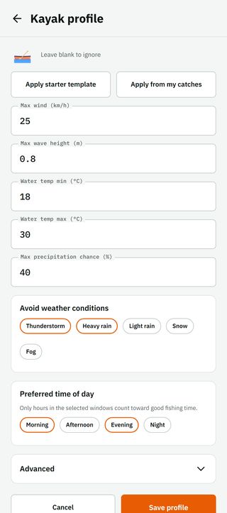The Kayak profile editor: max wind, max wave height, water temperature, weather to avoid and preferred hours, with a Save profile button. These thresholds decide which hours count as good